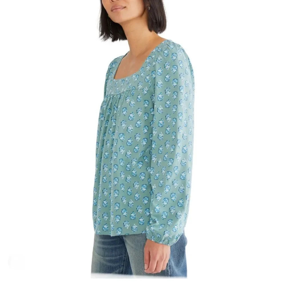 Lucky Brand Long Sleeve Top, Square Neck, Green Floral Pattern, Boho